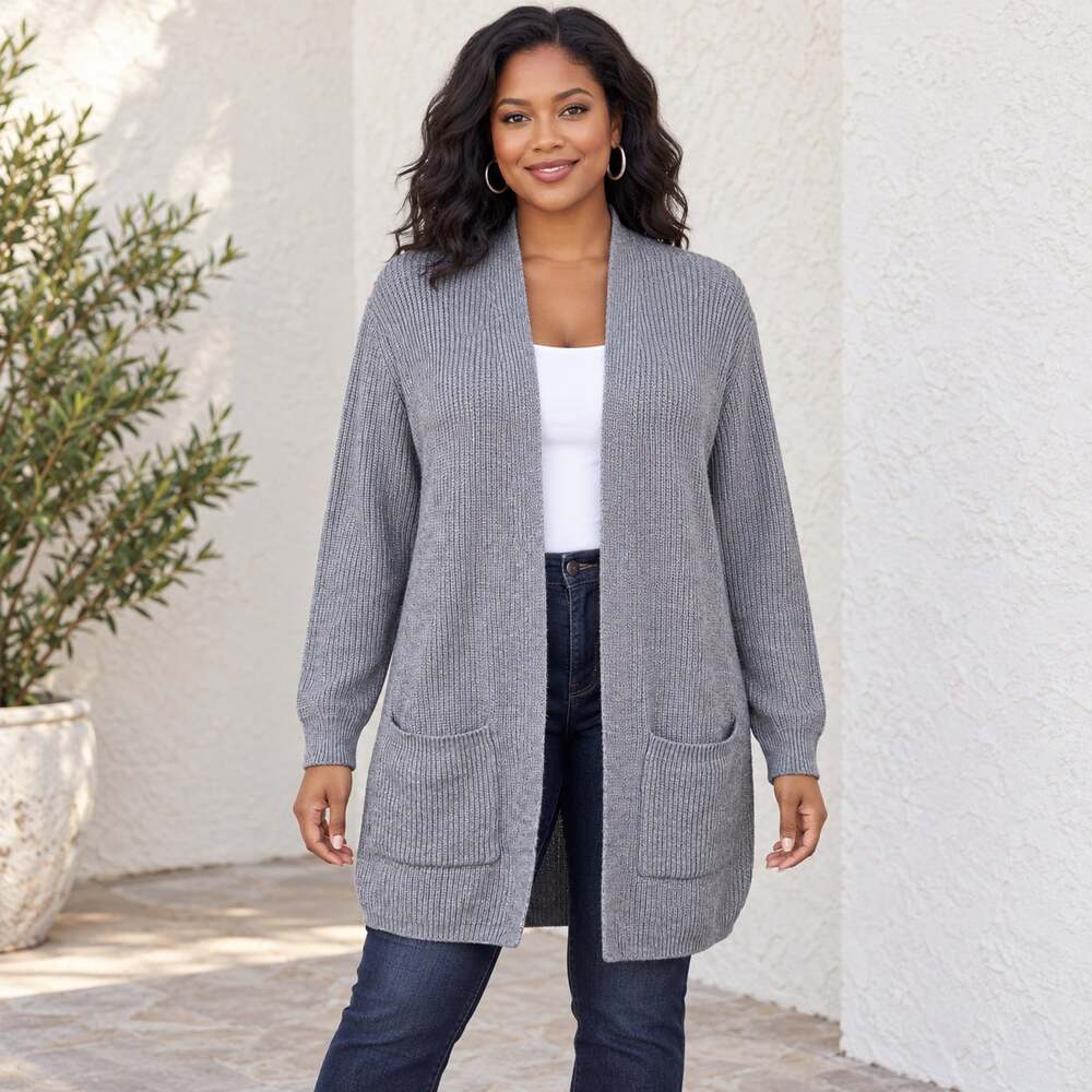 Cyrus Cardigan Womens L Gray Long Ribbed Open Front Sweater Minimalist Chic